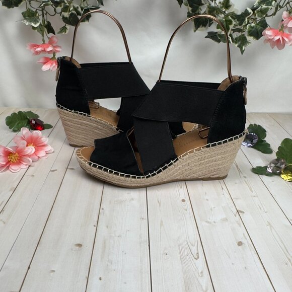 Gentle Souls by Kenneth Cole Colleen Black Elastic Espadrille Wedge Sandals 8.5 - Picture 1 of 12